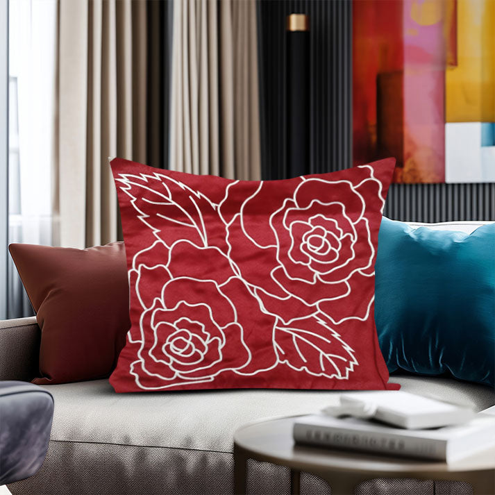 Red Satin Cushion Cover with White Rose Outline Embroidery