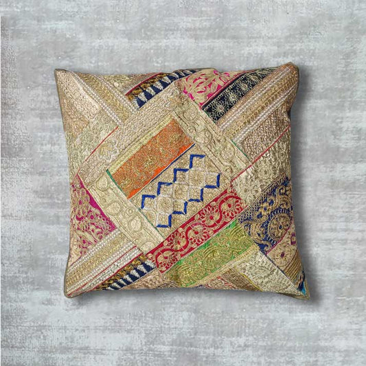 Decorative Cushion with Multicolor Patchwork and Embroidery Design