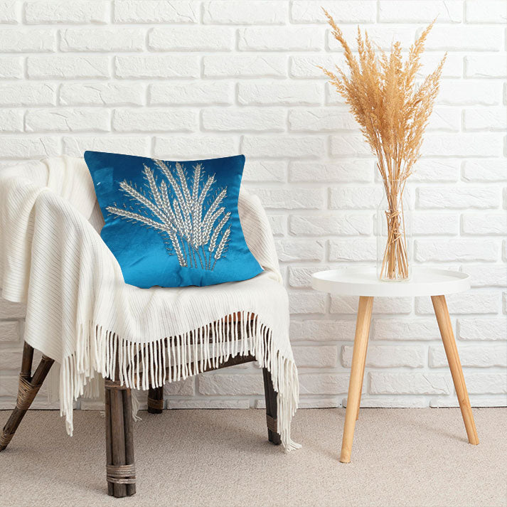 Elegant Blue Velvet Cushion with Wheat Embroidery Design