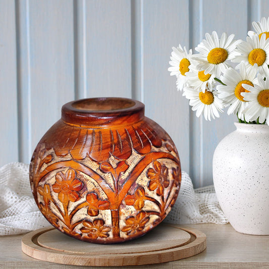 Hand-Carved Wooden Vase – Floral Decorative Pot for Home Décor