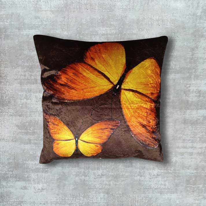 Brown Velvet Cushion with Vibrant Orange Butterfly Print
