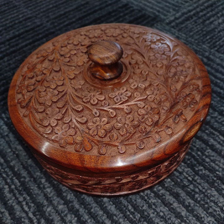 Handcrafted Wooden Spice Box with Floral Carving | 5-Compartment Masala Organizer