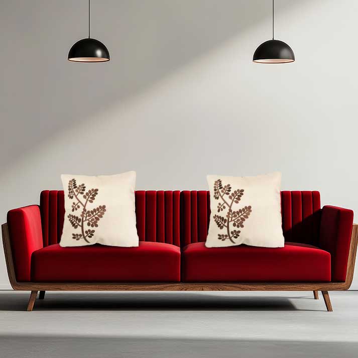 Beige Cushion Cover with Brown Leaf Embroidery – 40x40 cm with Filler Included