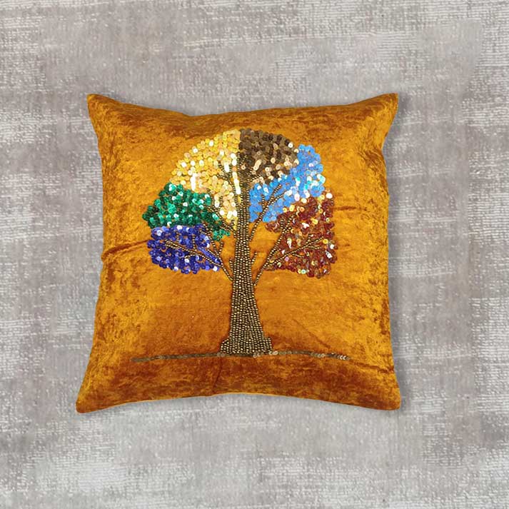 Embroidered Tree Design with Colorful Sequin Detailing on Golden Fabric