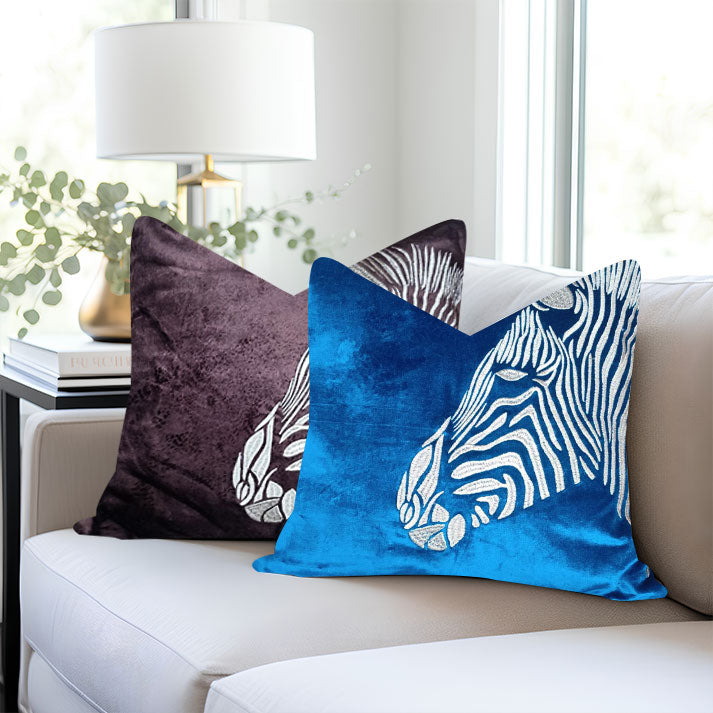 Embroidered Zebra Design on Blue Velvet Cushion Cover