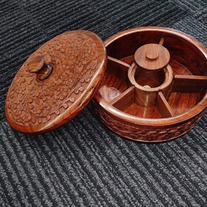 Handcrafted Wooden Spice Box with Floral Carving | 5-Compartment Masala Organizer