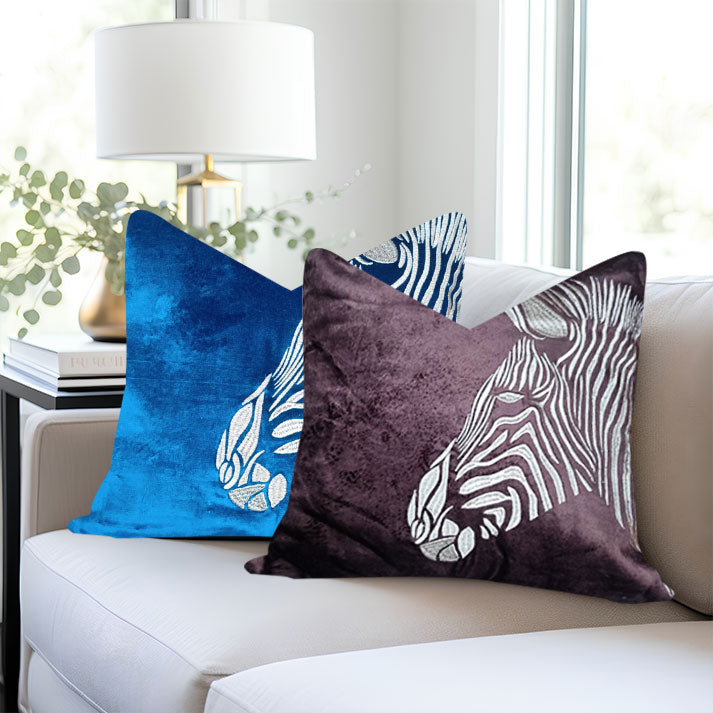 Zebra Embroidered Velvet Pillow in Deep Brown
