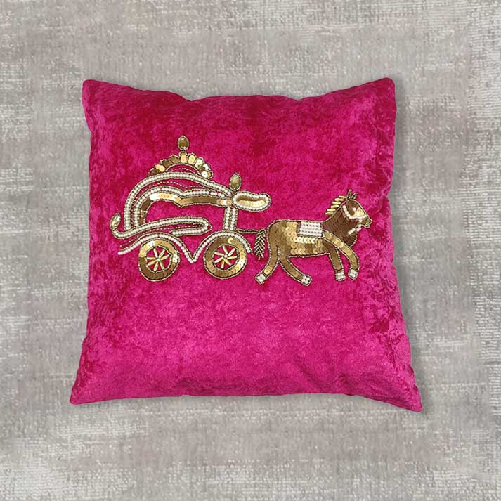 Embroidered Horse and Chariot Design with Sequins on Pink Fabric