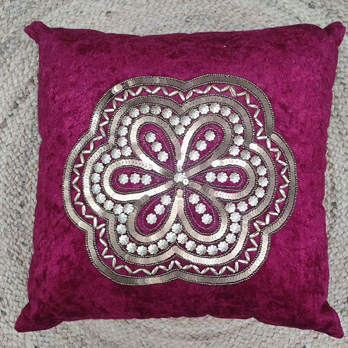 Elegant Purple Decorative Pillow with Sequin Floral Embroidery