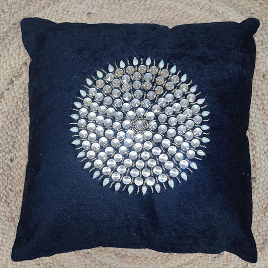 Navy Velvet Pillow with Silver Sequin Floral Design
