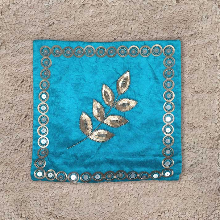 Turquoise Velvet Cushion Cover with Golden Leaf Embroidery – 40x40 cm Decorative Pillow with Filler