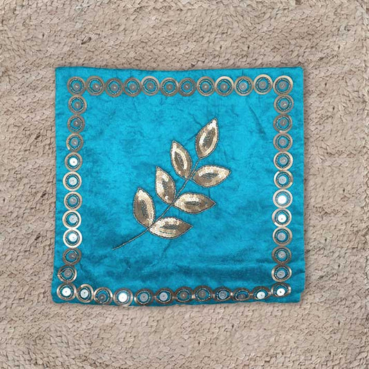 Turquoise Velvet Cushion Cover with Golden Leaf Embroidery – 40x40 cm Decorative Pillow with Filler