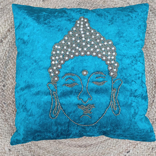 Turquoise Velvet Buddha Embroidered Cushion Cover with Beaded Detailing