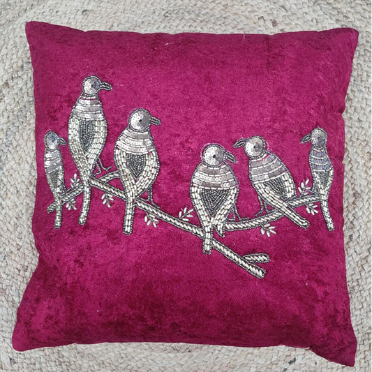 Embroidered Bird Design Cushion Cover – Burgundy