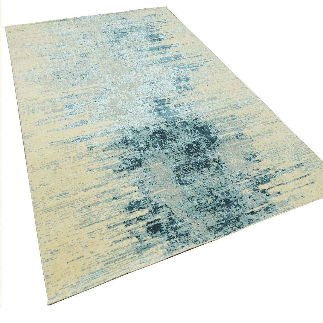 Handknotted Beige & Blue Colour  Wool/Viscose Rug.