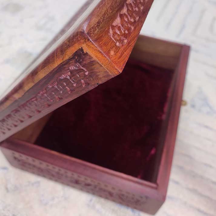 Handcrafted Wooden Jewelry Box with Brass Inlay and Intricate Carving