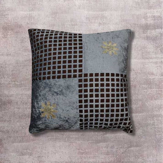 Cushion with Grey Velvet Checks and Golden Embroidery – Modern Designer Pillow