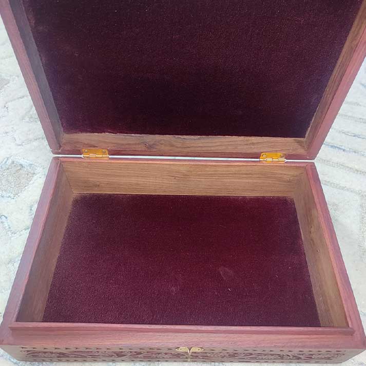 Handcrafted Wooden Jewelry Box with Brass Inlay and Intricate Carving