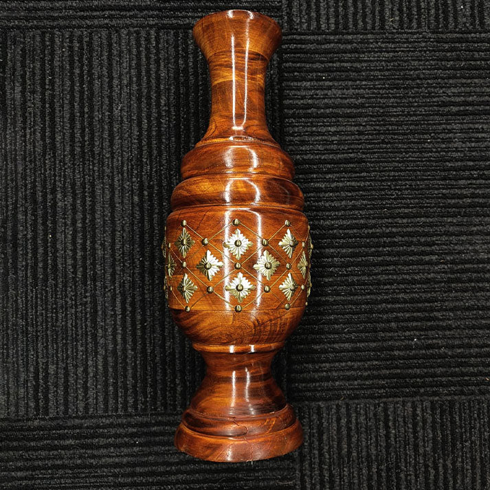 Vintage Wooden Vase with Intricate Brass Floral Design