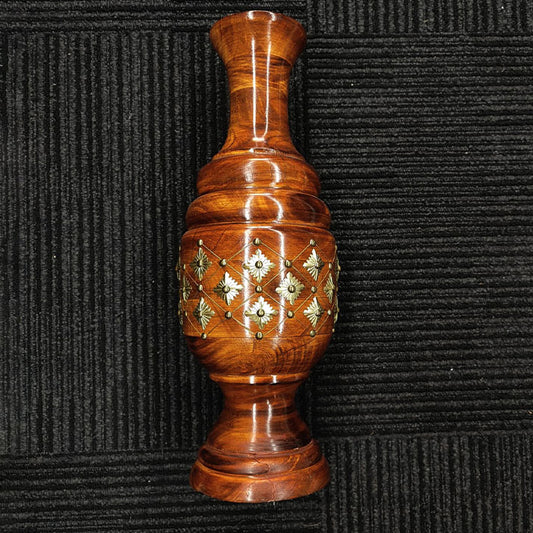 Vintage Wooden Vase with Intricate Brass Floral Design