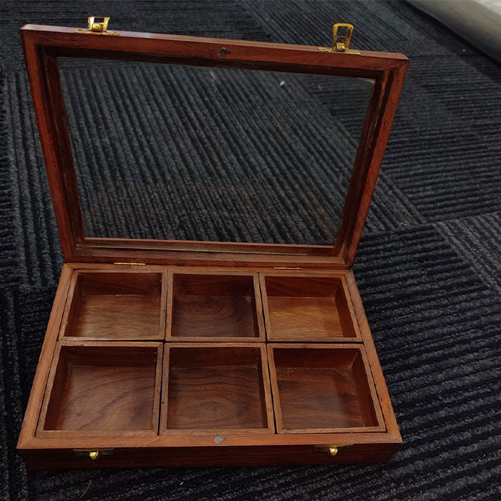 Wooden Display Box with Glass Lid and 6 Compartments
