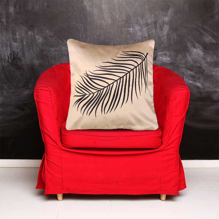 Beige Cushion Cover with Black Leaf Print – 40x40 cm with Filler Included