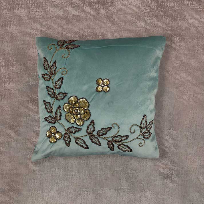 Elegant Teal Velvet Cushion with Gold Floral Embroidery – Decorative Throw Pillow
