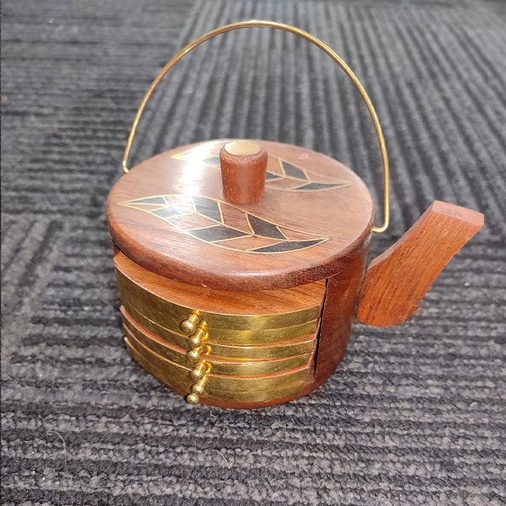 Wooden Teapot-Shaped Coaster Set with Brass Inlay | Handcrafted Table Décor