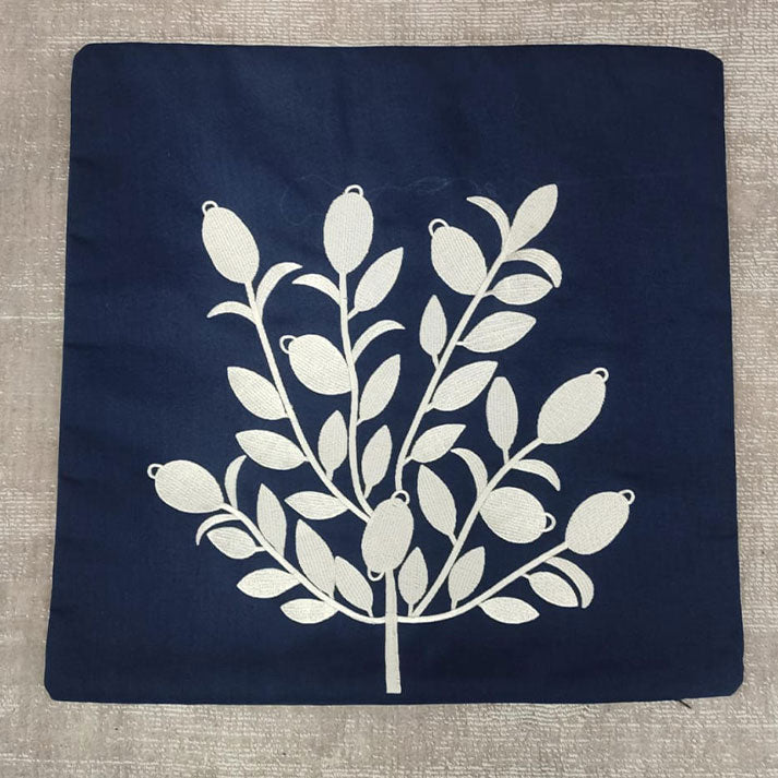 Navy Blue Cushion Cover with White Olive Tree Embroidery