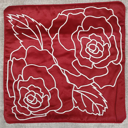 Red Satin Cushion Cover with White Rose Outline Embroidery