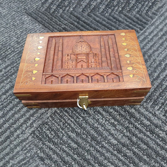 Handcrafted Wooden Jewelry Box with Taj Mahal Carving and Brass Inlay