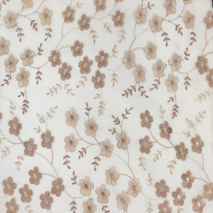 Delicate Blossoms on Sheer Fabric: Golden Floral Embroidery Pattern