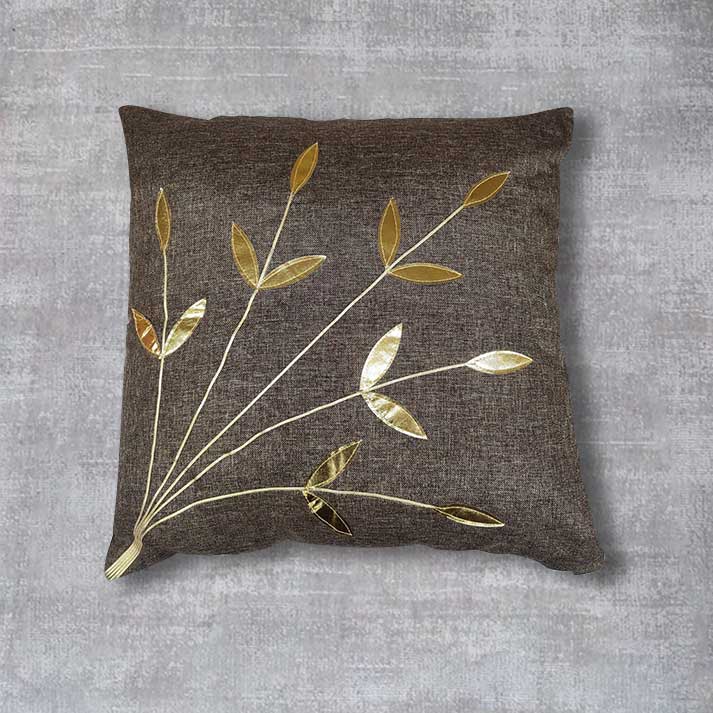 Brown Cushion with Golden Leaf Embroidery – Elegant Home Decor Pillow