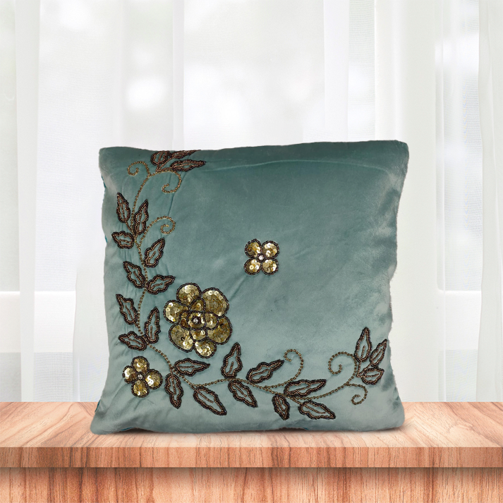 Elegant Teal Velvet Cushion with Gold Floral Embroidery – Decorative Throw Pillow