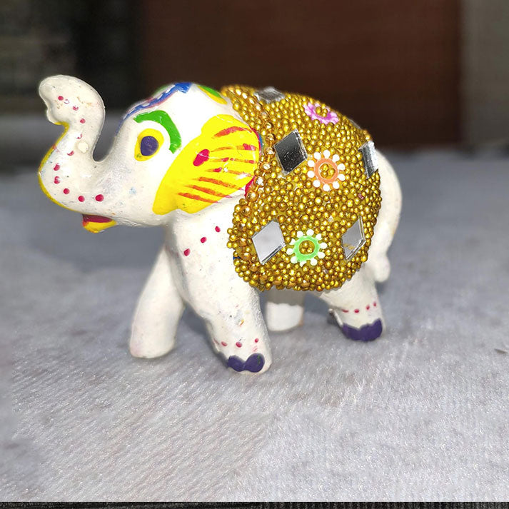 Handcrafted Decorative Elephant – Painted Miniature with Mirror & Bead Work