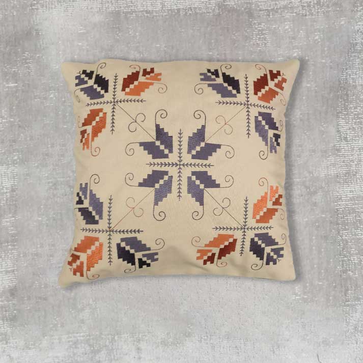 Embroidered Beige Cushion Cover with Geometric Floral Pattern – Handcrafted Home Décor