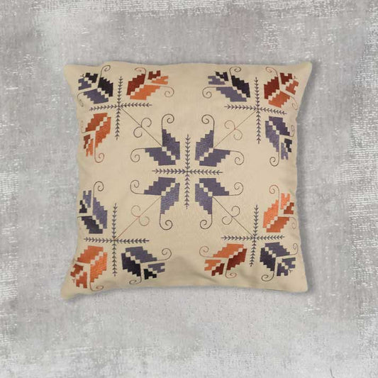 Embroidered Beige Cushion Cover with Geometric Floral Pattern – Handcrafted Home Décor