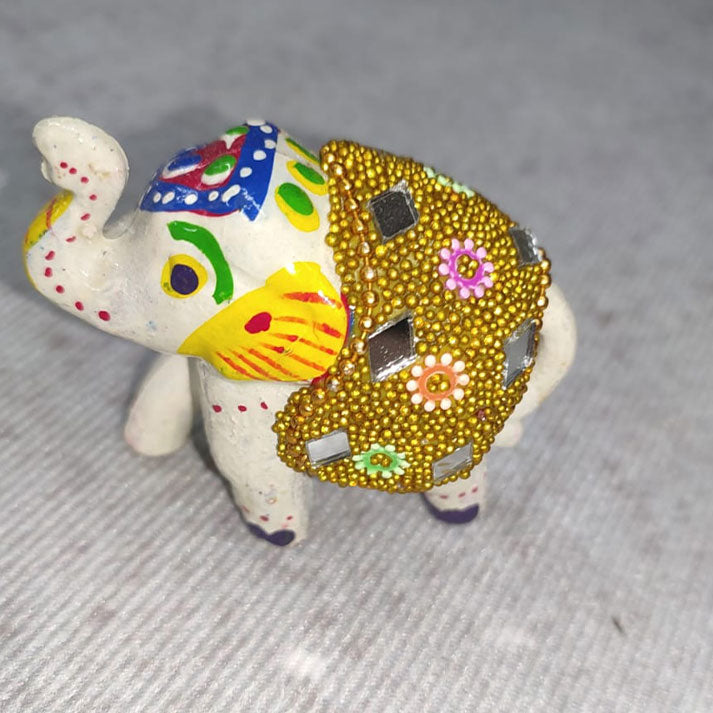 Handcrafted Decorative Elephant – Painted Miniature with Mirror & Bead Work