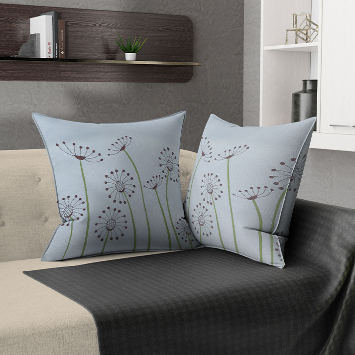 Whimsical Dandelion Print on White Fabric with Pom-Pom Border