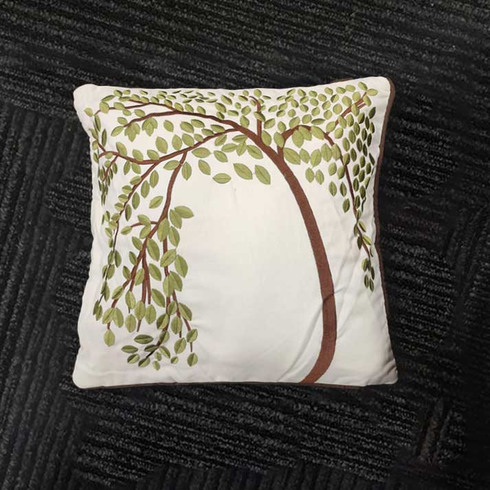 White Cushion Cover with Tree Branch Embroidery – 40x40 cm with Filler Included