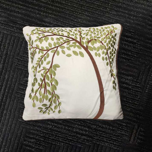 White Cushion Cover with Tree Branch Embroidery – 40x40 cm with Filler Included