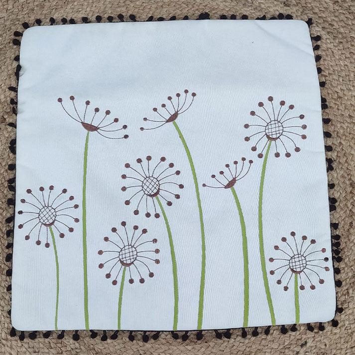 Whimsical Dandelion Print on White Fabric with Pom-Pom Border