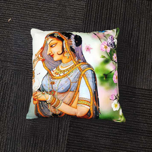 Decorative Cushion with Traditional Indian Lady Artwork and Floral Design