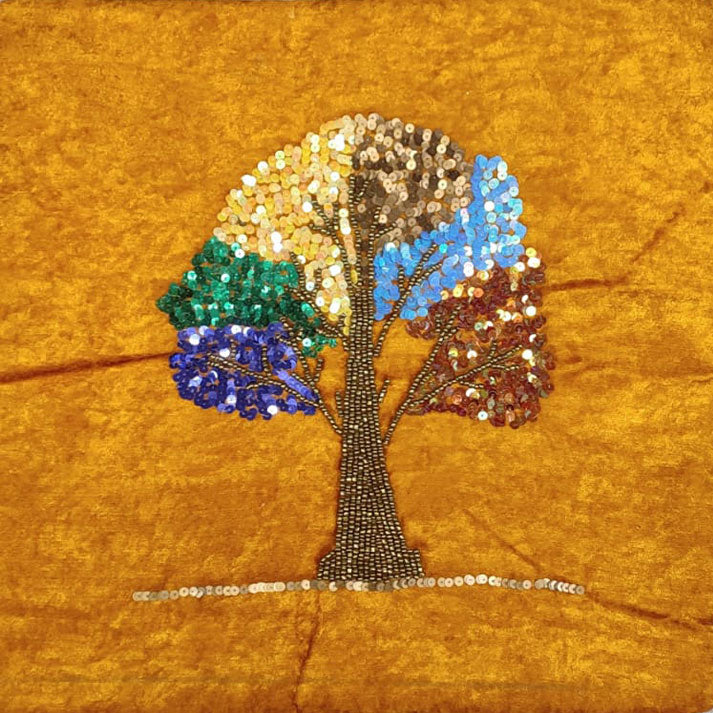 Embroidered Tree Design with Colorful Sequin Detailing on Golden Fabric