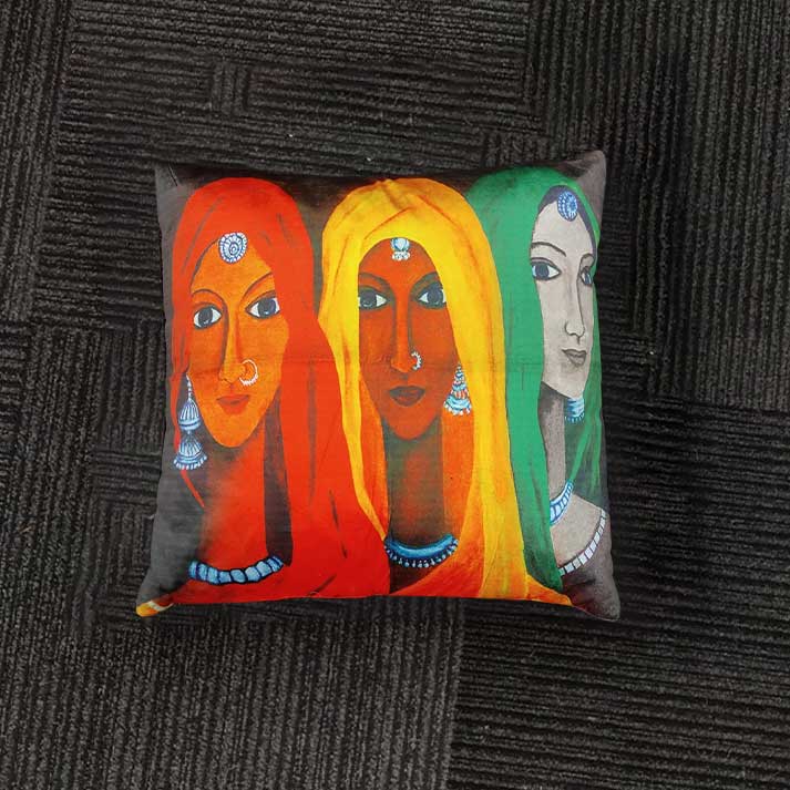 Artistic Cushion with Colorful Abstract Rajasthani Women Design