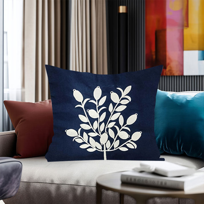 Navy Blue Cushion Cover with White Olive Tree Embroidery
