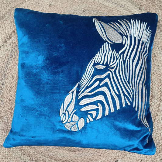 Embroidered Zebra Design on Blue Velvet Cushion Cover