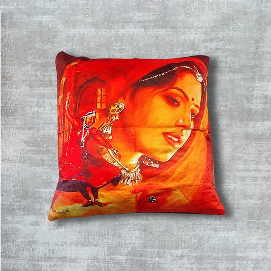 Decorative Cushion with Traditional Indian Dance and Woman Artwork
