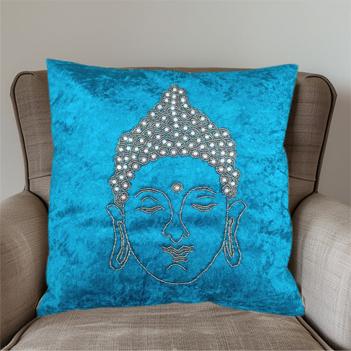 Turquoise Velvet Buddha Embroidered Cushion Cover with Beaded Detailing