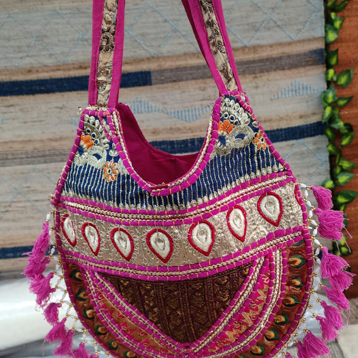 Ethnic Embroidered Shoulder Bag – Traditional Handmade Sling with Tassels